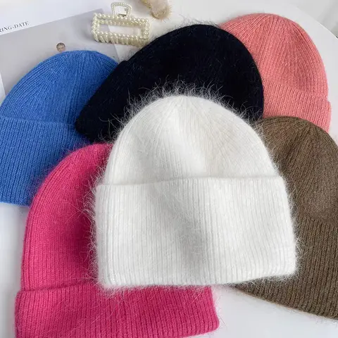 2024 Angora Knit Winter Hat For Womens Rabbit Fur Fluffy Knitted Beanies Korea Luxury Bonnet Female Soft  Warm Skullies Beanies