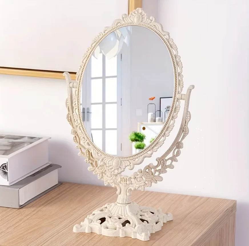 European Style Palace Carving Makeup Mirror Vintage Dressing Mirror Desktop Bedroom Round Mirror Dormitory Makeup Mirror