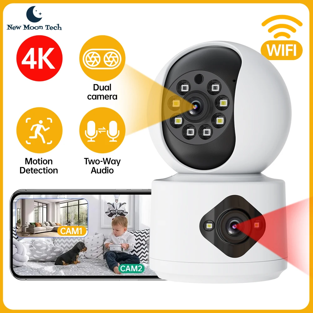 كاميرا New Moon Tech Y6204 اللاسلكية WiFi 4MP عدسة مزدوجة HD للرؤية الليلية كشف الحركة كاميرا الأمن مراقبة الطفل الذكية