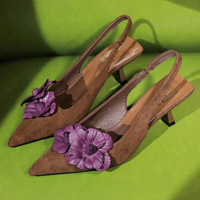 

Elegant Flowers Decoration Suede High Heels Sandals Woman Sexy Slingback Pointed Toe Pumps Fashion Evening Party Dress Shoes