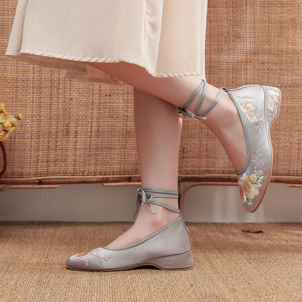 Veowalk Long Ankle Strap Summer Women Gauze Mesh Embroidered Ballet Flats Breathable Comfortable Walking Shoes for Elegant Lady