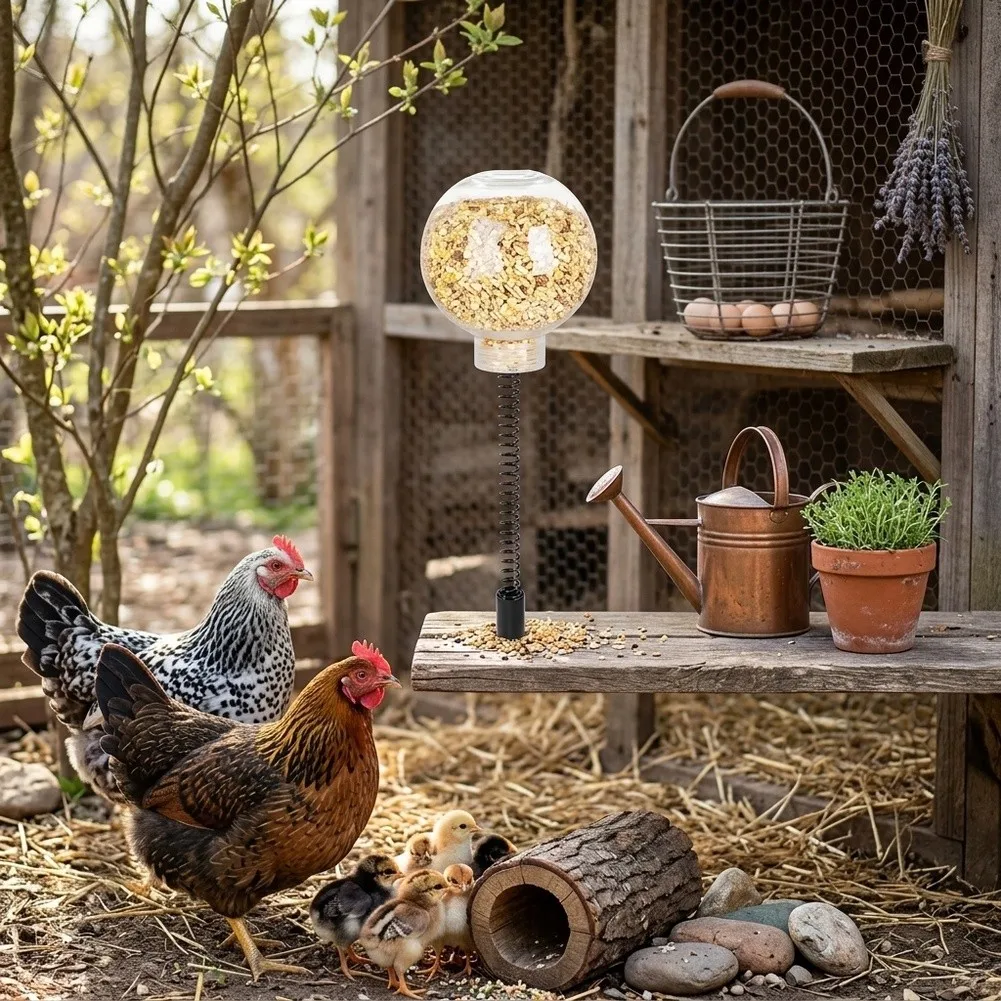 Stimulating Chicken Feeding Device That Encourages Movement and Exploration While Delivering Feed Over Extended Periods