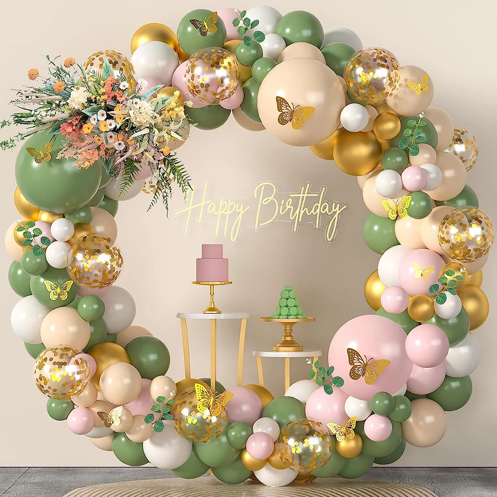 Sage Green Balloon Garland Arch Kit Gold Confetti Balloons Butterfly Wall Stickers Birthday Party Baby Shower Wedding Decoration