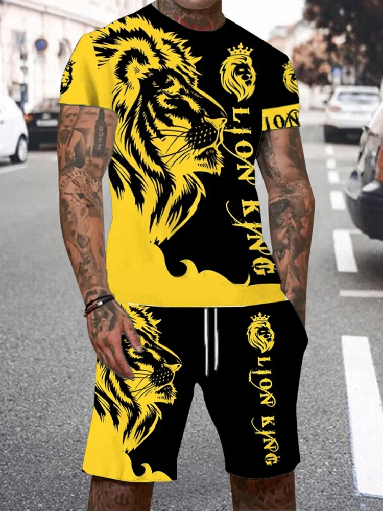 Casual Everyday Short Sleeve and Shorts Set Cool The Lion King Print T-Shirt 3D Printing  Drawstring Short Set Men\'s Set Camping