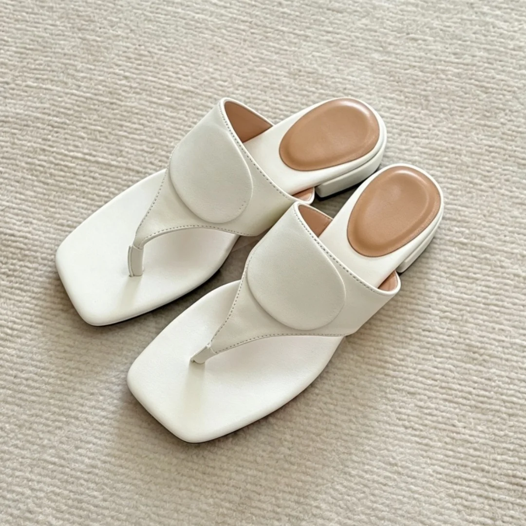 Holiday Gifts Luxury Brand Women's Shoes Handmade Flip Flops Thong Slippers Flat Slide Sandals Square Toe Soft Leather Footwear