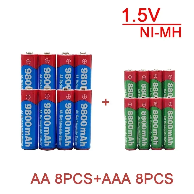 Batería recargable AA+AAA, 1,5 V 9800 MAH /8800 MAH, adecuada para control remoto, juguetes, relojes, radios y otros