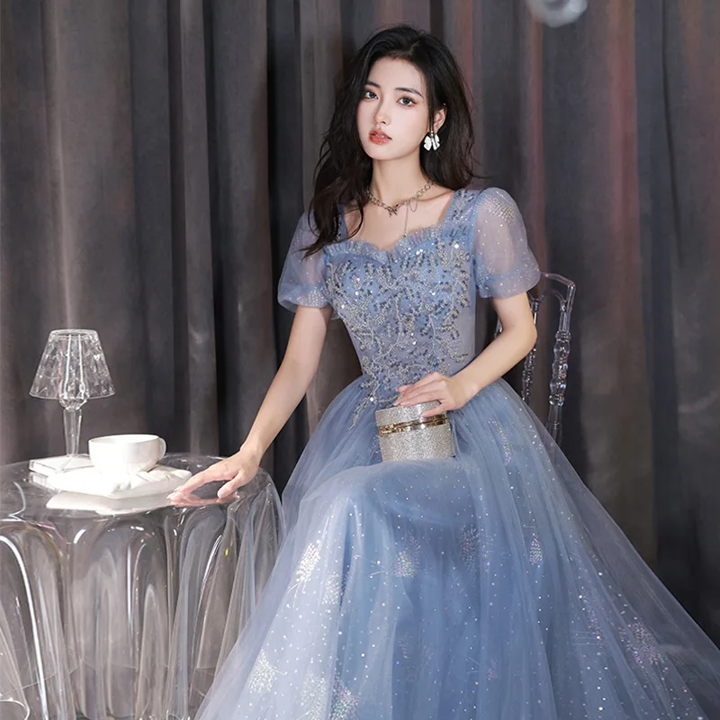 

Blue Tulle Banquet Evening Dresses Women Sweetheart Collar Puff Sleeves Sequin Graduation Dress Exquisite Sweet Quinceanera Gown