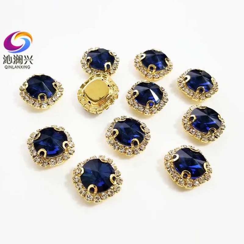 Ink Blue Color Glass Crystal Rhinestones, Golden Bottom Round Shape Buckle, Used for Needlework, Diy Sewing Accessories