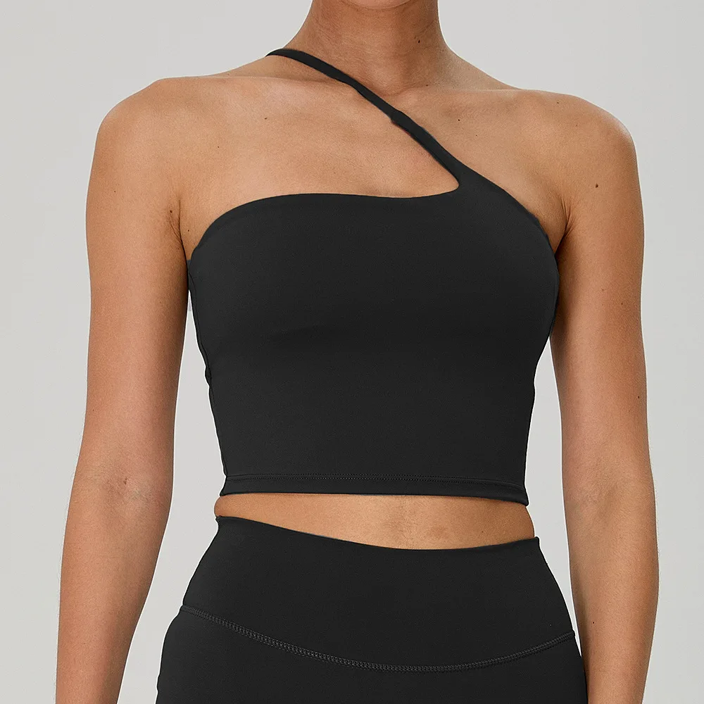 

New One Shoulder Sports Bra Women Solid Color Nude Feeling Push Up Tank Top Outerwear Gym Sleevelss Yoga Workout Clothes