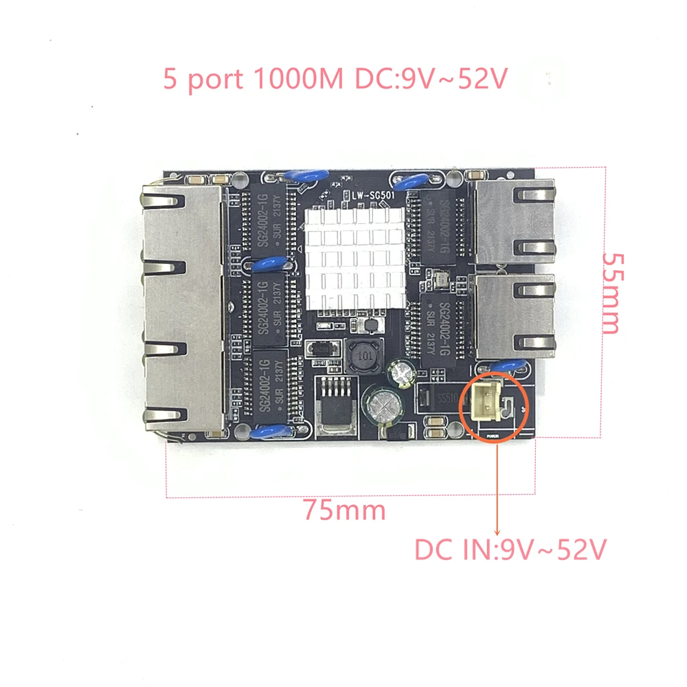 Módulo integrado dc 5v 12v16v 18v 24v36v48v 1a-3a do interruptor dos ethernet do gigabit do porto de 10/100/1000m 5 no interruptor industrial dos ethernet