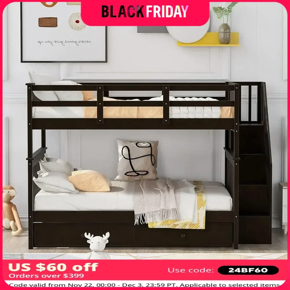 Bunk Bed ,with Stairs and Trundle,with Storage, for Kids Teens Adults ,Wooden Bunk Bed Frame