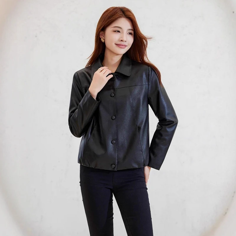 الكورية مزاجه فو سترة جلدية المرأة ربيع الخريف رقيقة معطف جلد ناعم امرأة مكتب سيدة واحدة الصدر التلبيب سترة #3