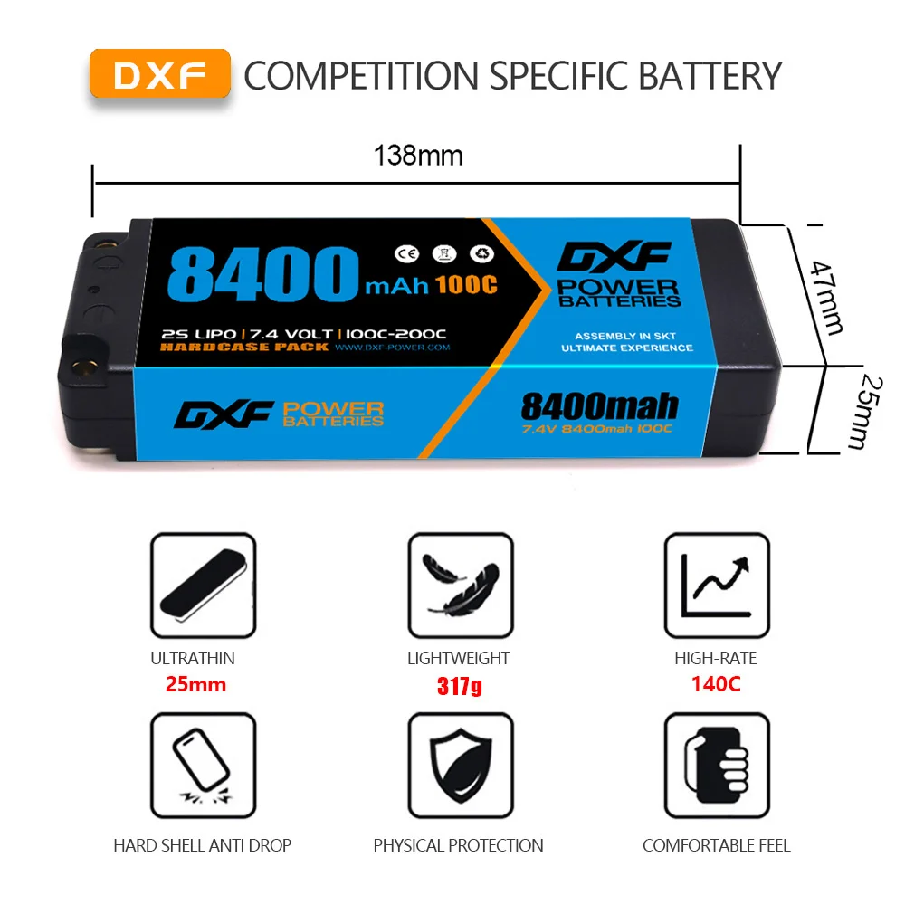 DXF 2S Lipo Battery 7.4V 8400mAh 100C 5mm Bullet T/Deans Plug Hardcase for 1/10 Buggy Truggy Boat Car Truck RACING Helicopter