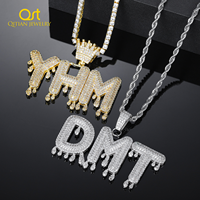 Qitian Custom Name Necklace With Micropave Zirconia Iced Out Crowned Dripping Letter Pendant For Men Women Hip Hop Jewelry Gift