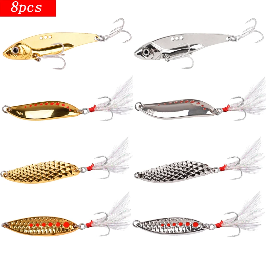 

8PCS/Set Lure Metal Spinner Spoon Set Gold Silver 7g 7.5g Fishing Spinner Lures Sequins Treble Hooks Fishing Tackle Hard Bait