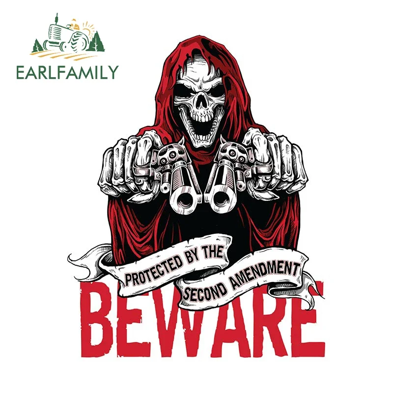 EARLFAMILY 13cm x 10.4cm Beware Car Sticker Protected By The Second Amendment Decal Rearview Mirror Trunk Stickers Car Styling