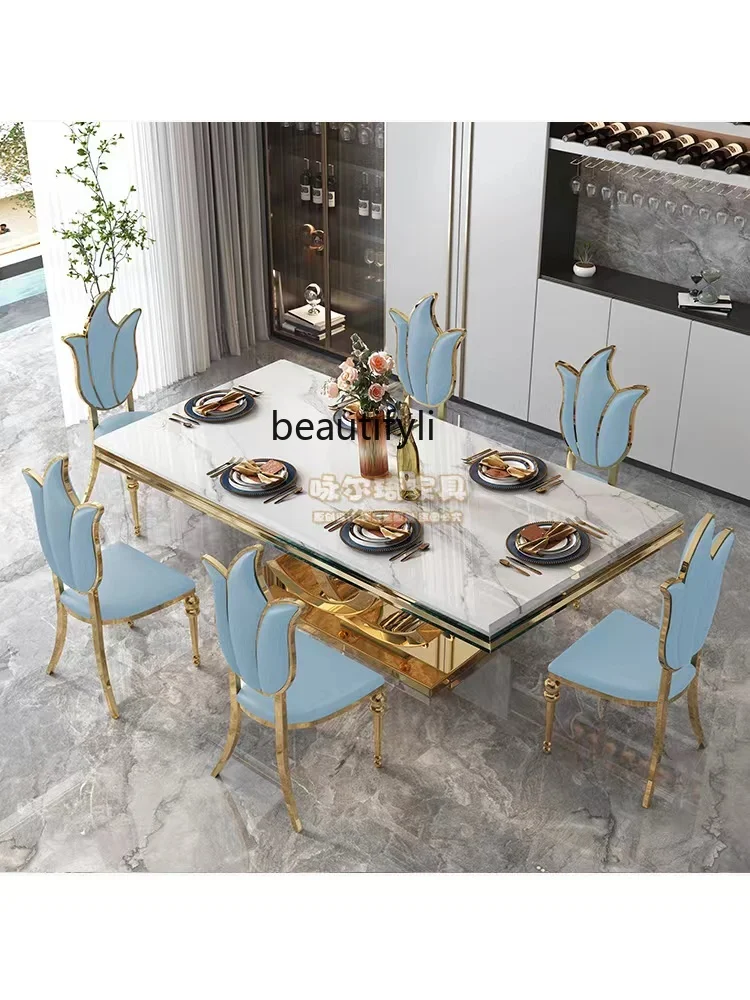 Light Luxury Bright Stone Plate Dining Table and Chair Post-Modern Simple Stainless Steel Rectangular Marble Dining-Table