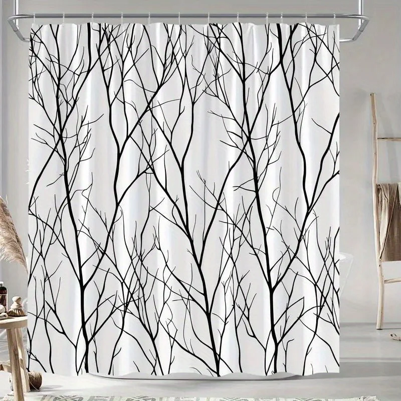 

1 black and white branch pattern shower curtain, made of durable polyester, available in multiple sizes, easy care, with hooks