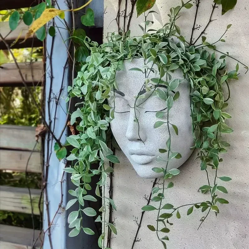 Creative Human Face Flower Pot Mask Vase Plant Pot Resin Craft Wall Mounted Flower Pot Home Balcony Garden Fence Wall Decoration