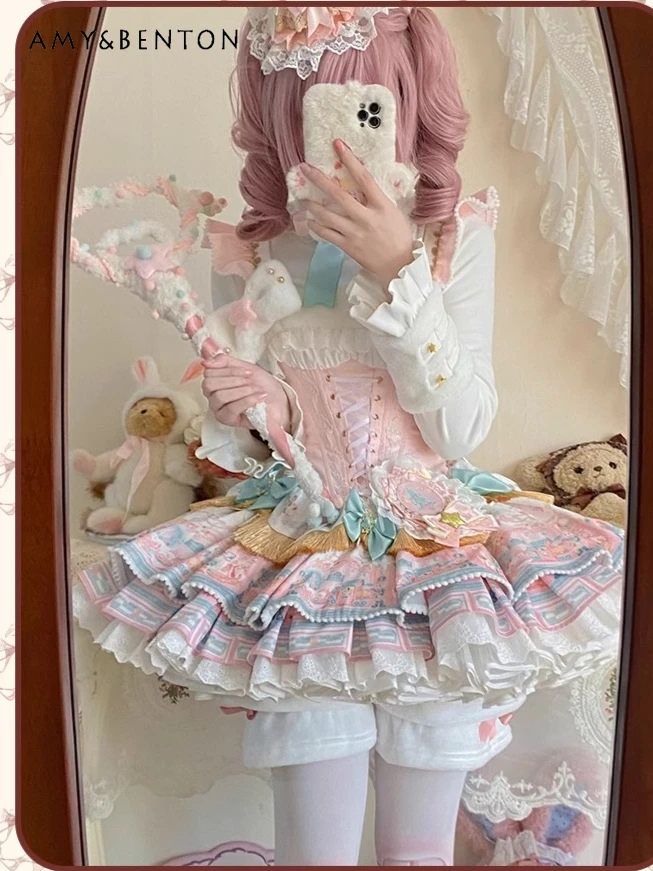 

Candy House Sweet Girl Ballet Style Cute JSK Dress for Women Lolita Original Kawaii Cartoon Printed Bow High Waist Tutu Dresses