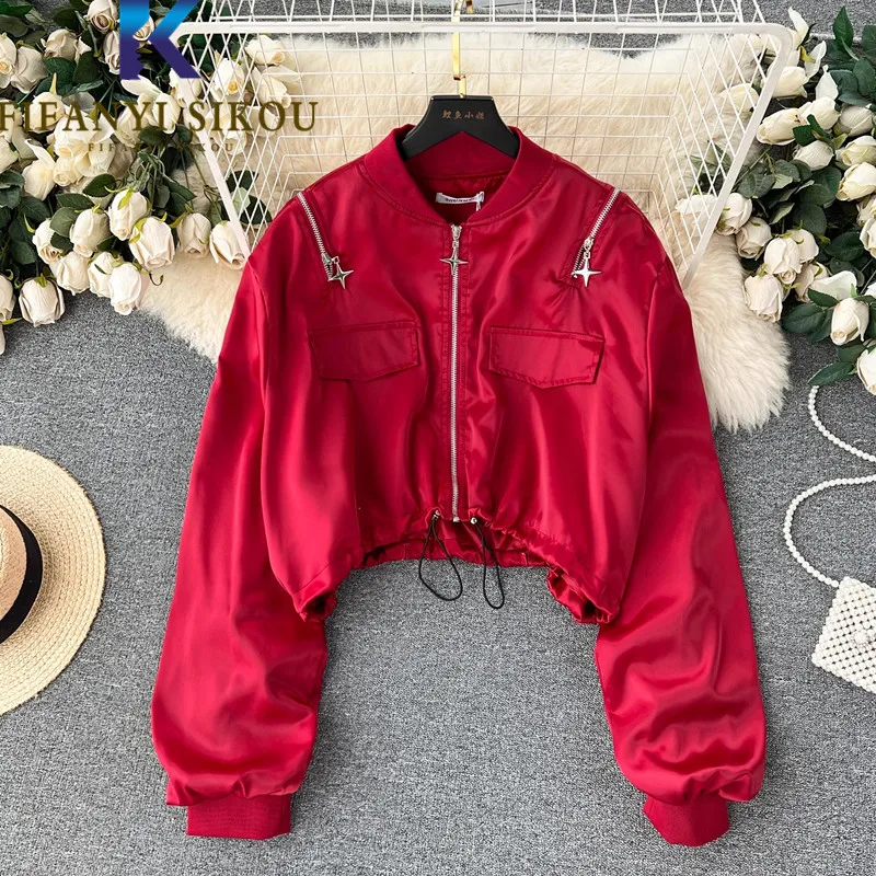 

Autumn Winter Women Bomber Jacket Double Zipper Design Fashion Loose Short Coat Casual Long Sleeve Stand Collar Jacket Female