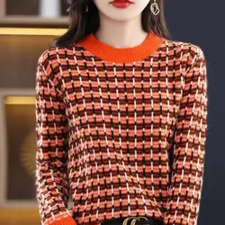 Autumn and Winter Women's Contrast Color O-Neck Long Sleeves Loose Knitted Pullovers Vintage Fashion Korean All-match Tops