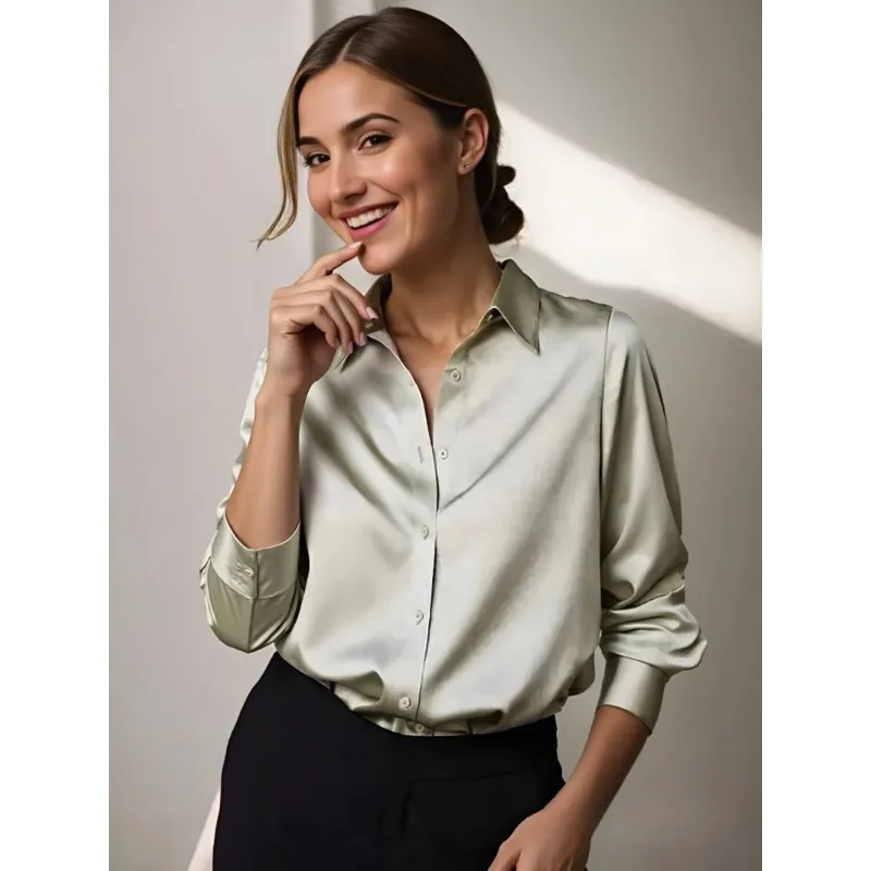

Elegant Satin Solid Color Turn-down Collar Office Lady Shirt Spring and Autumn New Single Breasted Versatile Temperament Blouse