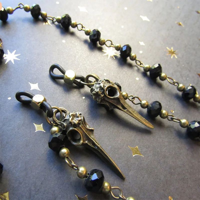 Chaîne de lunettes de déclaration corbeau orné gothique pour lunettes de soleil, Clips de support de lunettes, chaînes à Clip, Style perlé, sorcière gothique