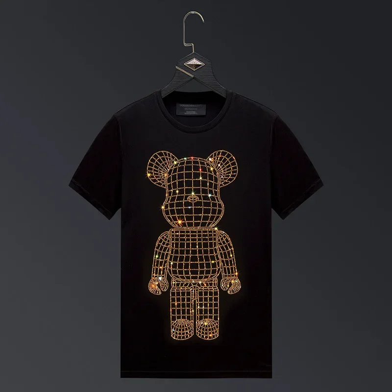 

Plus Size 6XL 2024 Cute Bear Rhinestones T Shirts Men Fashion Clothing Streetwear Modal Cotton O Neck Slim Short Sleeve T-shirts