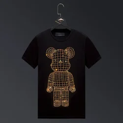 Plus Size 6XL 2024 Cute Bear Rhinestones T Shirts Men Fashion Clothing Streetwear Modal Cotton O Neck Slim Short Sleeve T-shirts