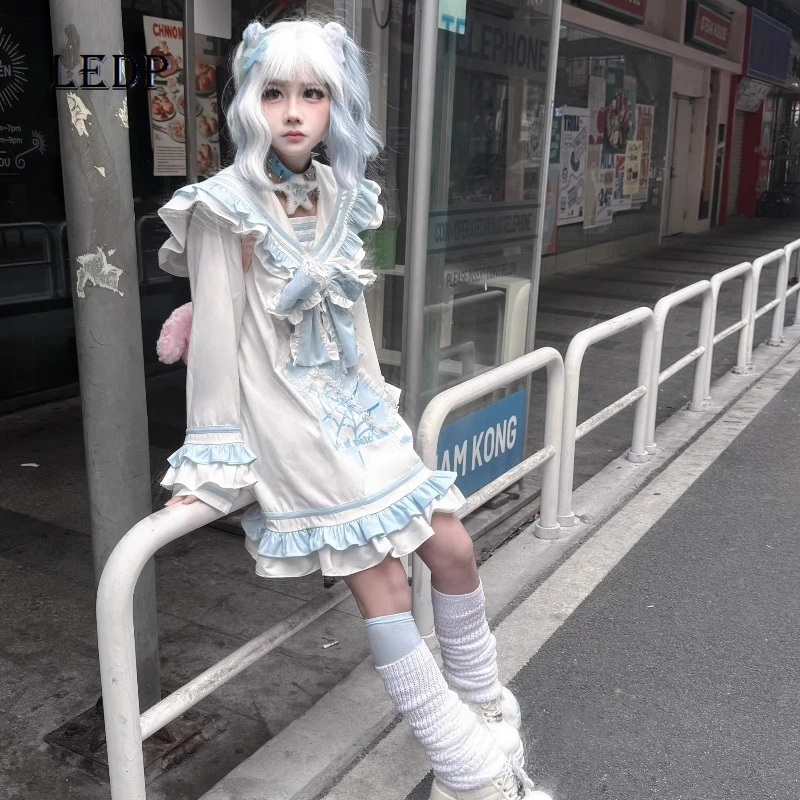 

Japanese Design Slimming Sailor Dress Women's Clothing Spring Autumn New Navy Collar Bow Loose Slimming Age-Reducing Dress Girl