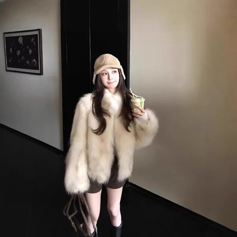 Women Mist Dyed Faux Fox Fur Coat Winter Stand Collar Thick Warm Imitation Fur One-Piece Outerwear