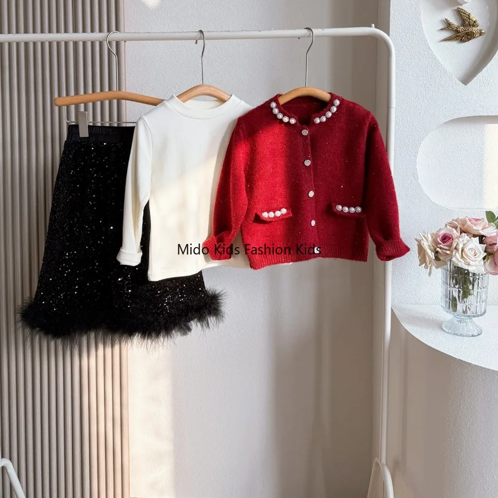 6-15Y Baby Girls Winter Red Beaded Knit Fleece Jacket Sequin Fringe Velvet Dress Set 100-140cm
