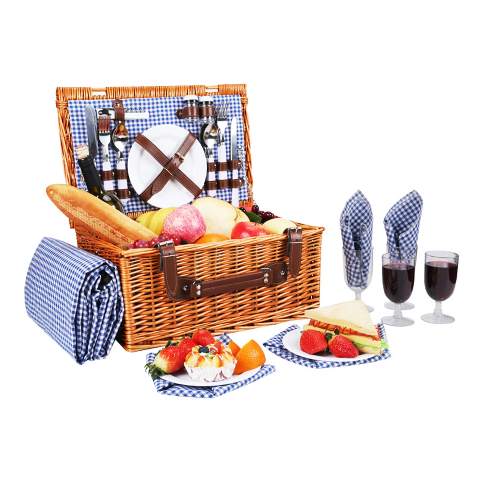 

Picnic Basket Kit Handwoven Holder with Blanket Mat Utensil for 4 Persons Garden Backyard Camping Fishing Portable Travel Park