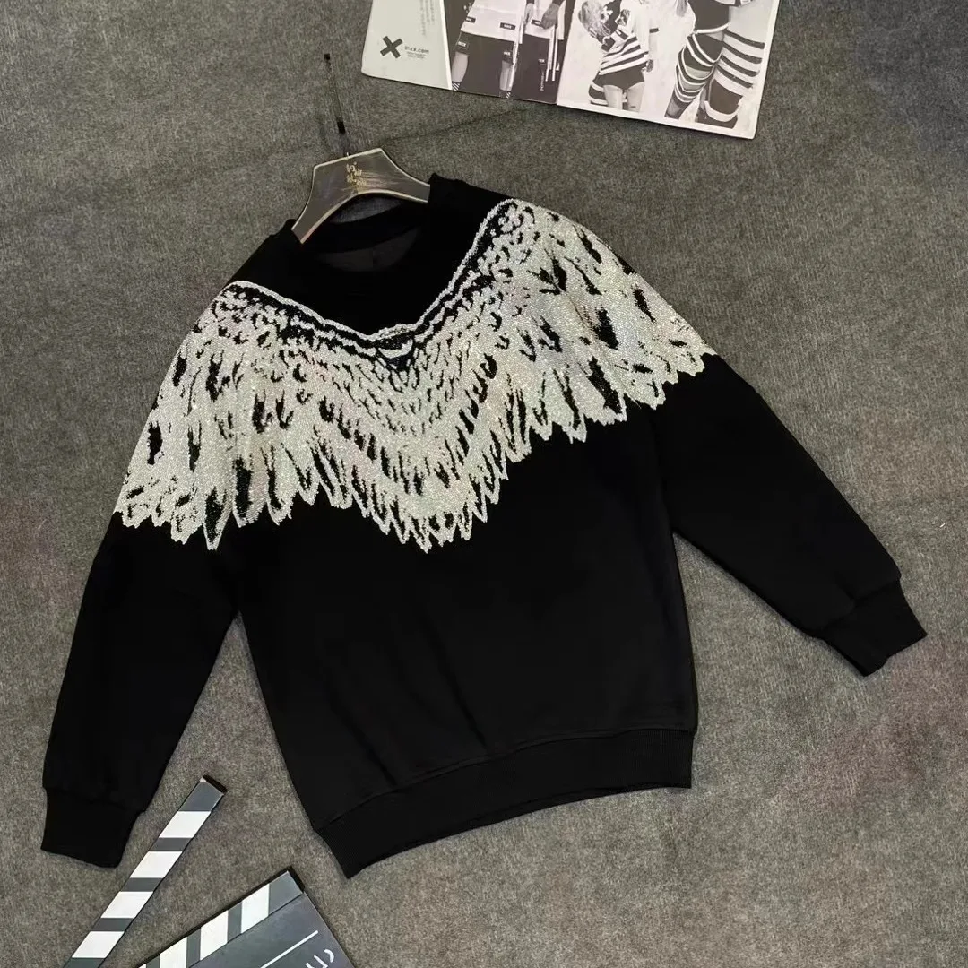 2025 Spring and Autumn New Loose Casual Fashion Trend Pullover Heavy Rhinestone Long Sleeve Crew Neck Sweatshirt for Men