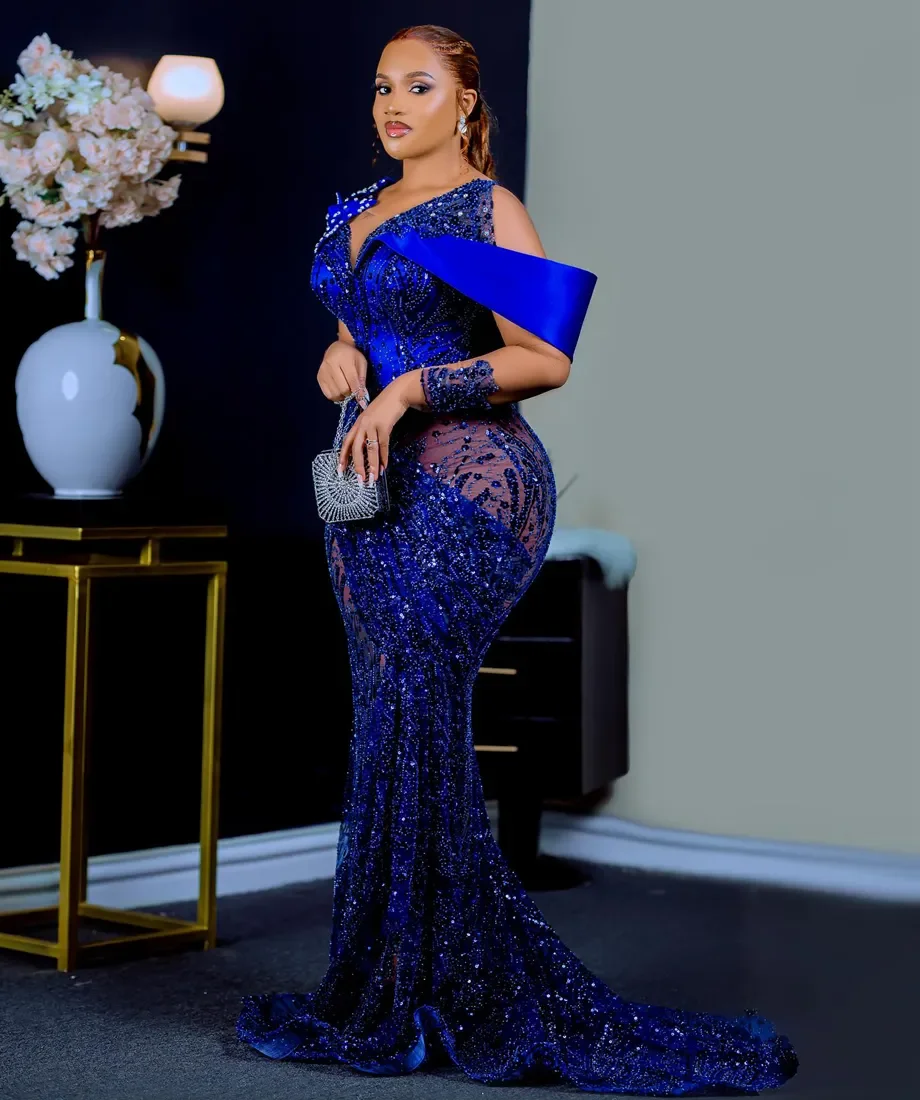 Customized Royal Blue Aso Ebi Prom Dresses Illusion Sheer Neck Long Sleeves Mermaid Beaded Lace Evening Gowns Formal Gown