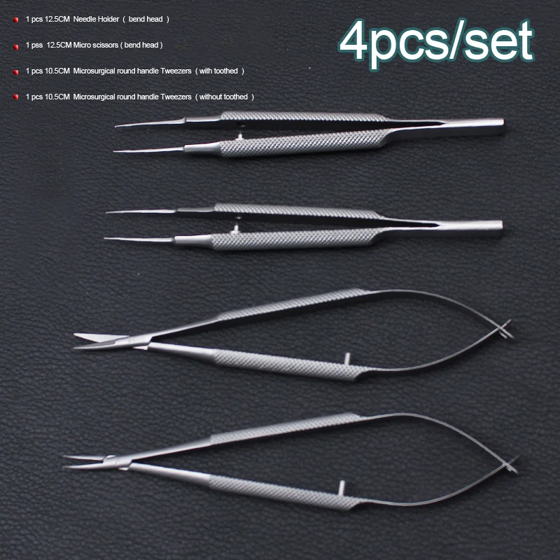 Nova 4 pçs/set titulares instrumentos de microcirurgia oftálmica 12.5 centímetros tesoura + Agulha + pinças de aço inoxidável ferramenta cirúrgica