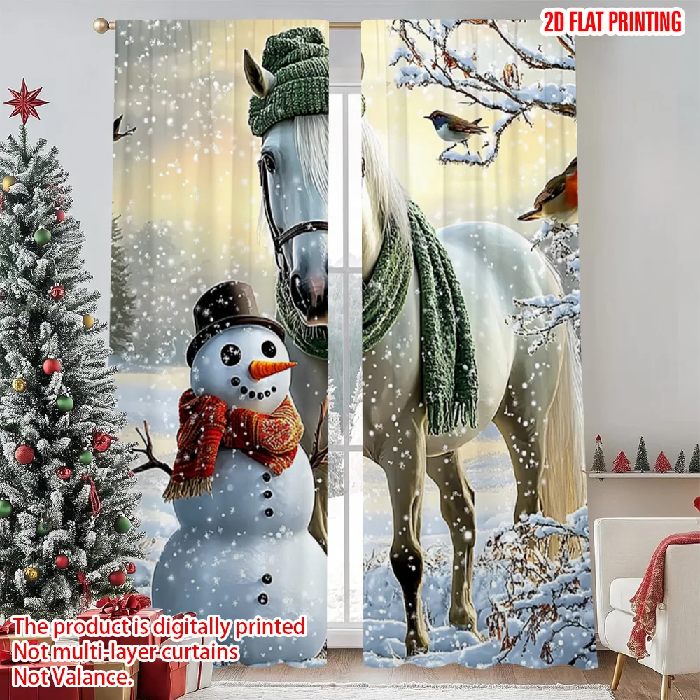 

2pcs 2D flat printing Christmas Window Drapes Christmas Snowman & Stallion Machine Washable Polyester Without Electricity