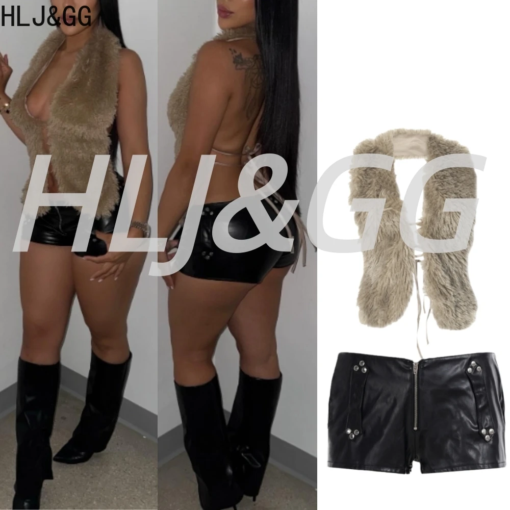 

HLJ&GG Fashion Fur Halter Bandage Two Piece Sets Women Sleeveless Backless Hollow Top And Leather Shorts Outfits Sexy Streetwear