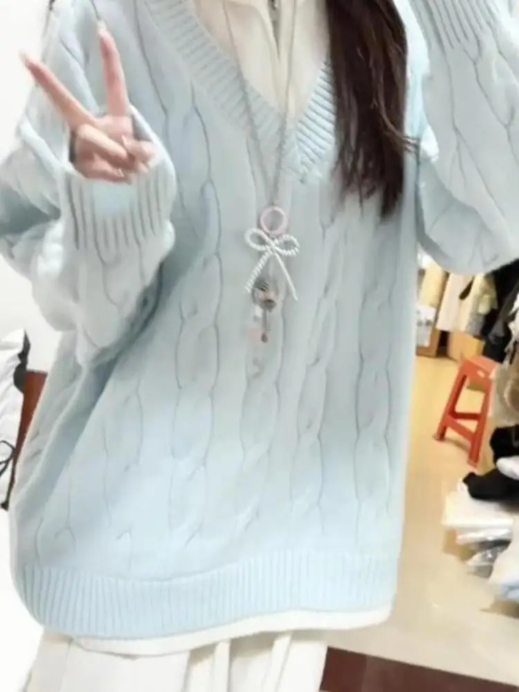 Pull tricoté bleu pour femme, ample, paresseux, col torsadé, vêtement d'extérieur, automne-hiver