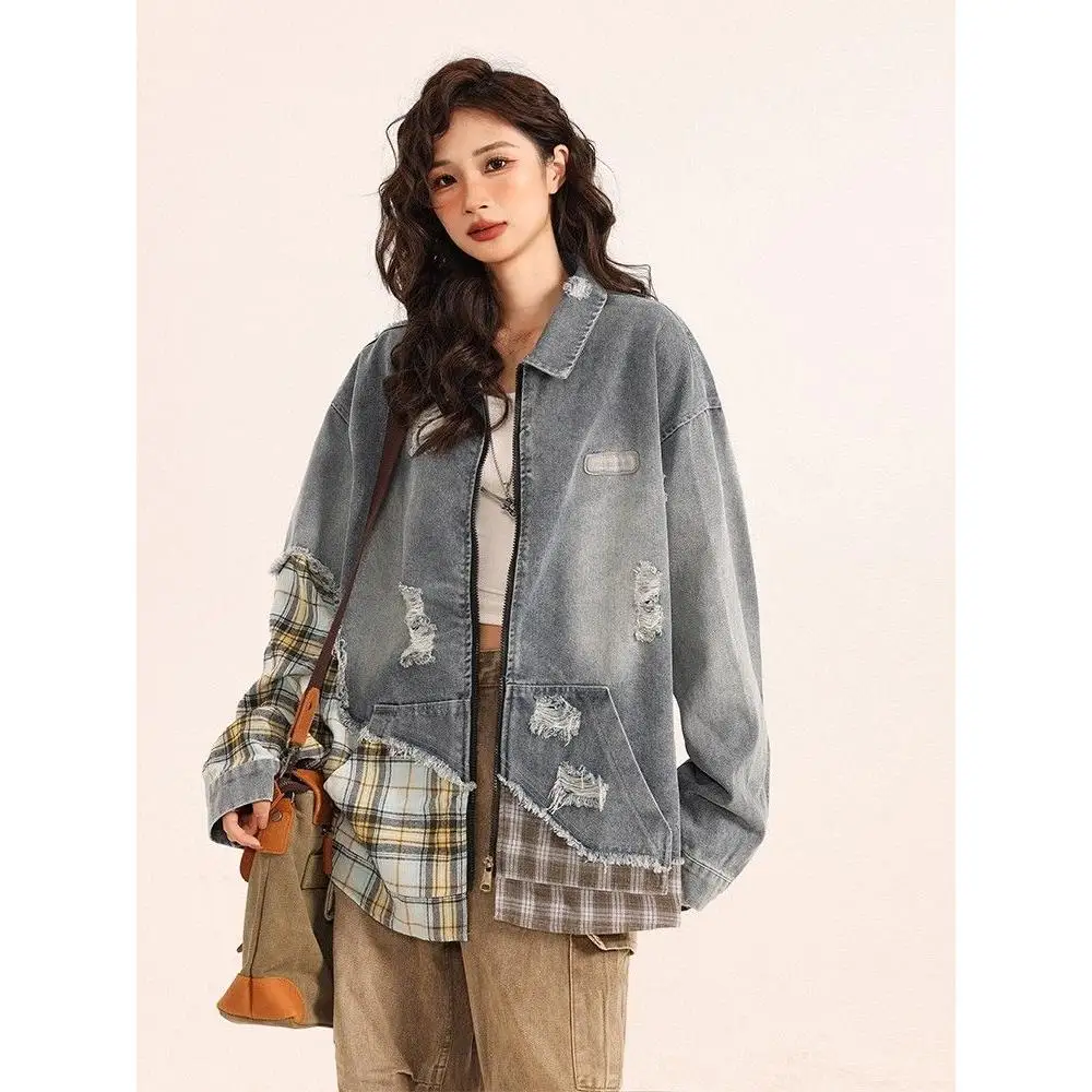 

American Sle Irregular Plaid Splice Hole Denim Jaet Men's Women's Retro INS Trend Outerwear Stand Fit Youth ular Po...