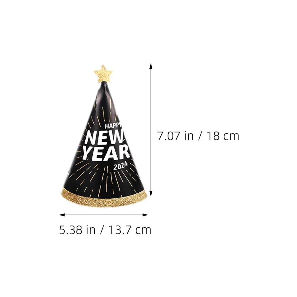 

18Pcs New Year Paper Hats Black Gold Party Cone Hats Paper Material New Year's Eve Photobooth Props 2024 Party Favors