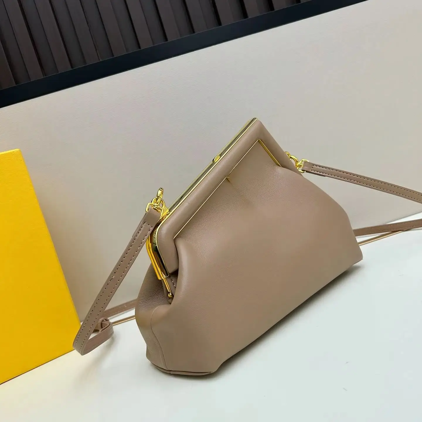 Milk Tea Soft Leather Frame Clasp Bag, Luxury Multi-Way Handbag