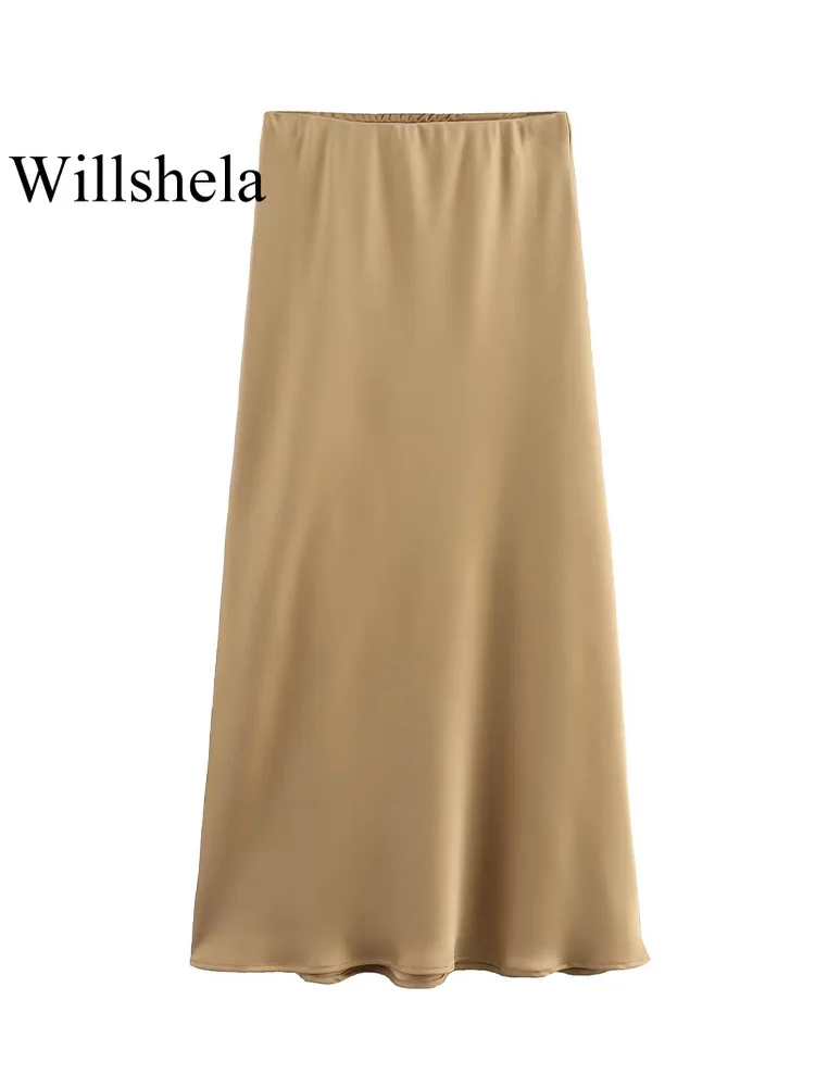 Willshela Women Fashion Satin Solid Pleated Midi Skirt Vintage Mid Elastic Waist Female Chic Lady Skirts