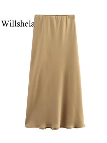Imagen 2 del producto Willshela, falda Midi plisada lisa de satén a la moda para mujer, faldas elegantes Vintage con cintura media elástica para mujer