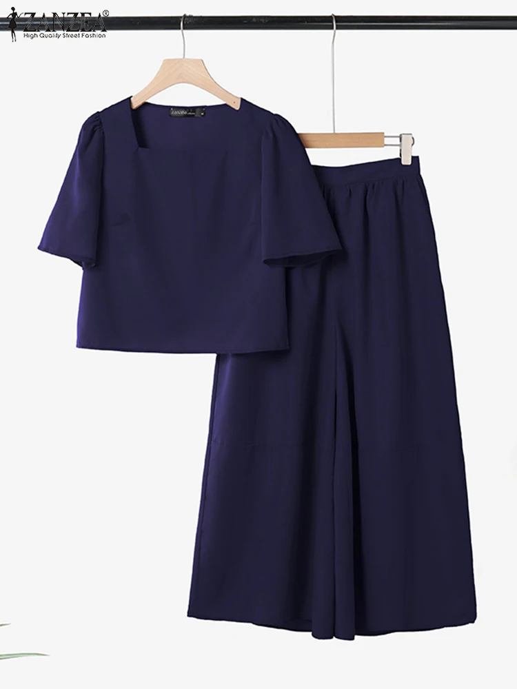 

ZANZEA Summer Korean Fashion 2PCS Outfits Square Neck Half Sleeve Crop Tops Wide Leg Crop Pants Casual Solid Woman 2 Piece Sets