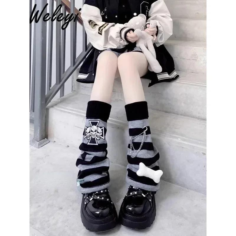 Y2k Jirai Kei Women's Middle Tube Socks Autumn and Winter Subculture Original Sweet Girl Black Grey Stripe Bone Lower Leg Socks