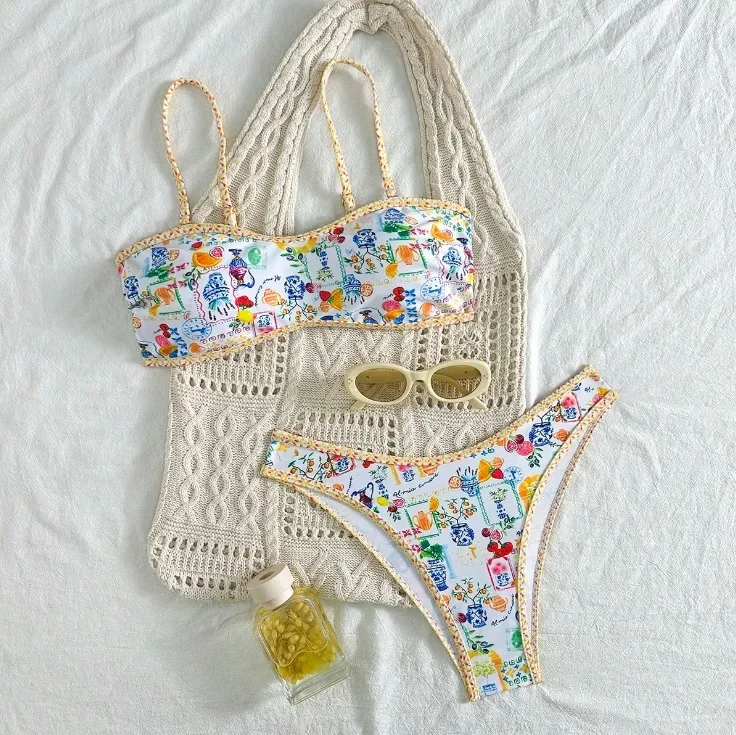 

XS-L бикини-бандо с цветочным принтом, женские купальники, женский купальник, комплект бикини из двух частей, купальный костюм, купальный костюм