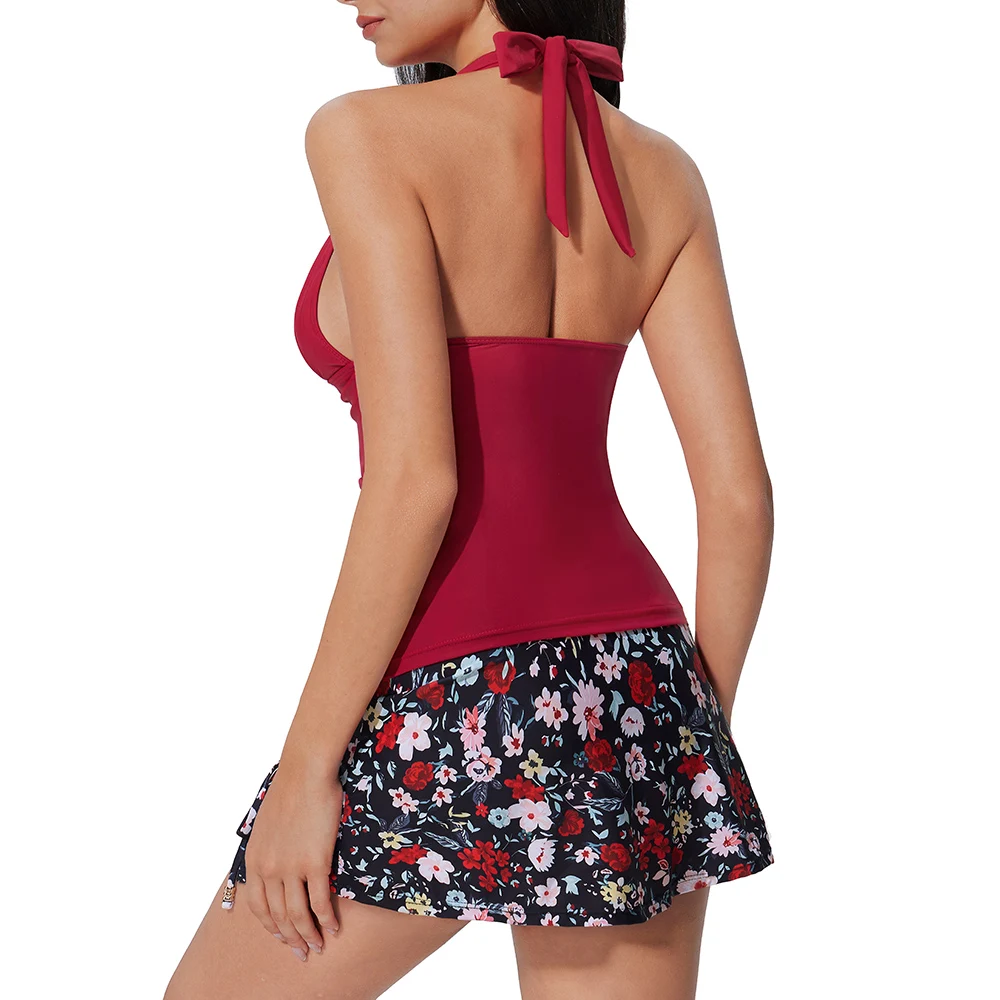 Damen Tankini-Set, Neckholder-Top mit V-Ausschnitt, Badeanzüge mit hoher Taille und Röcken, Bademode, Strandkleidung, Schwimmanzüge, Größe XXL, Tankini Mujer – Detail 25