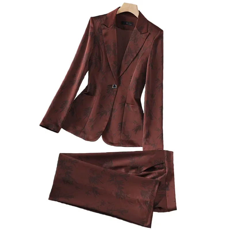 

Pop Leaf Print Blazer Pantsuits Set For Women Office Ladies Business Single Buttons Formal Spring Autumn Trousers Suit